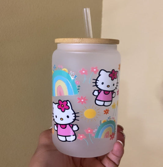 Rainbow and Flowers Kitty Glass Cup / Acrylic (Plastic) Cup