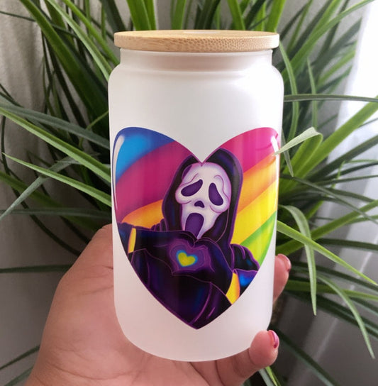 Rainbow Heart Ghost Face Glass Cup