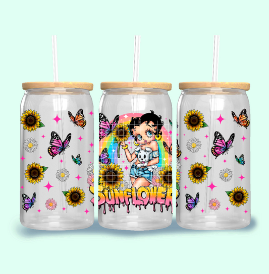 Spring Sunflower Girl Frosted Glass Cup