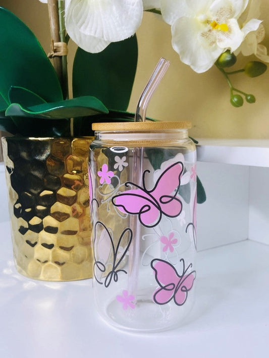 Pink Butterflies Glass Cup